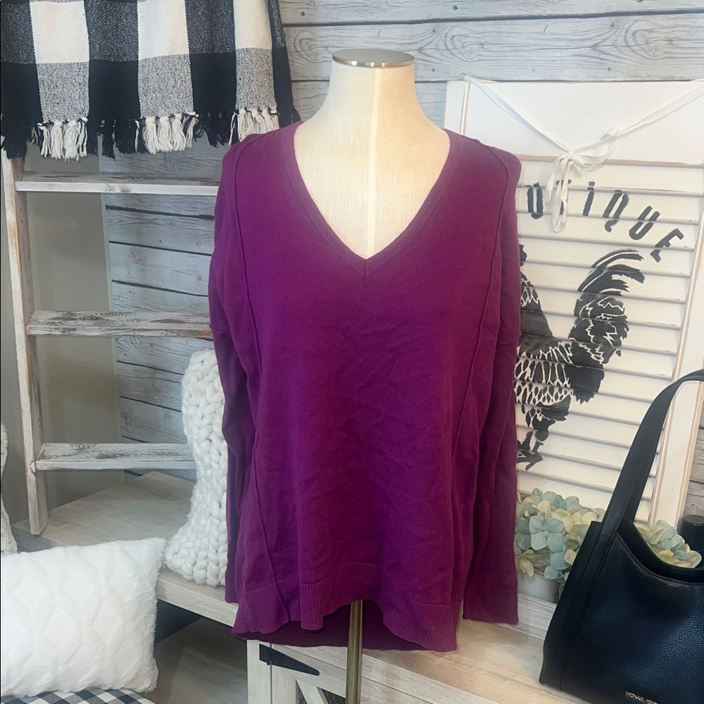 Lucky Brand Elegant V-Neck Purple Tunic Sweatshirt